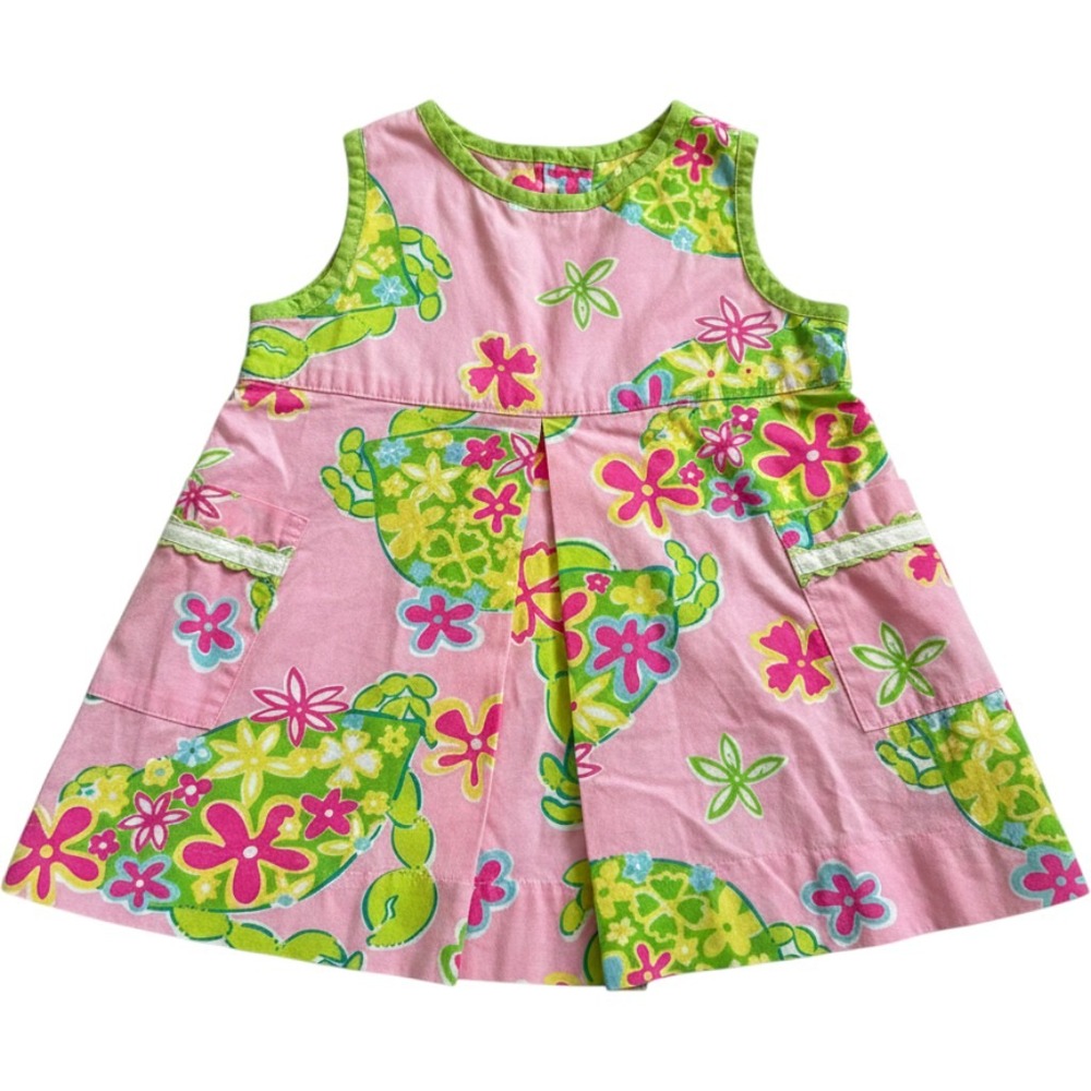 Lilly Pulitzer Baby Girls Pink Green Floral Turtle Print Dress 6-12M Pocket Lace